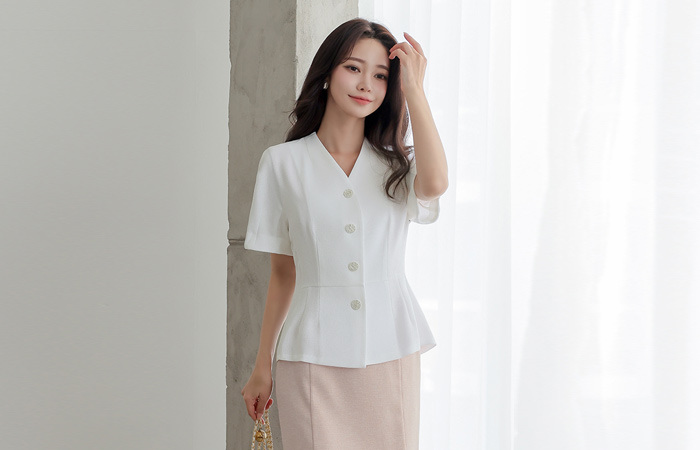 No-collar Pintuck Peplum Blouse&Jacket