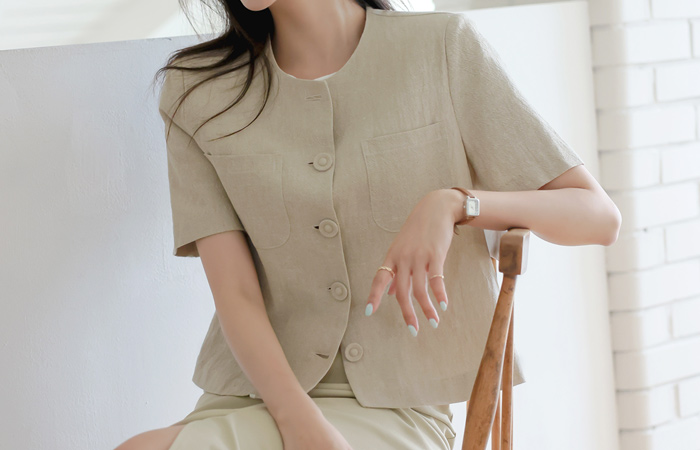 Modern Natural No-collar Linen Jacket