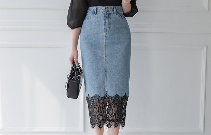 Black Lace Trimming Denim Skirt