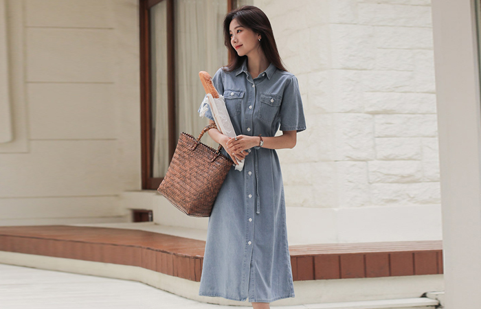 Double Pockets String light 썬 Denim Dress