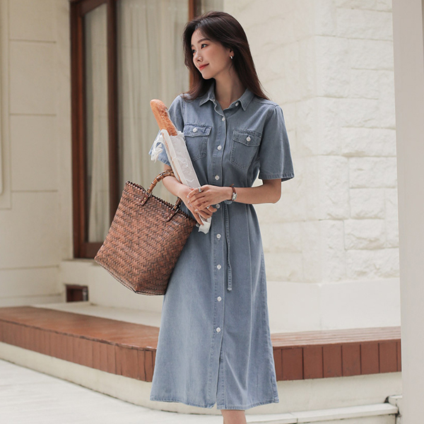 Double Pockets String light 썬 Denim Dress