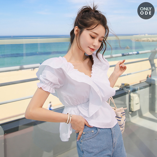 V-Neck Mini frill Cotton Blouse