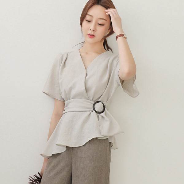 Wood Ring Buckle Unbalance Flared Wrap-Blouse