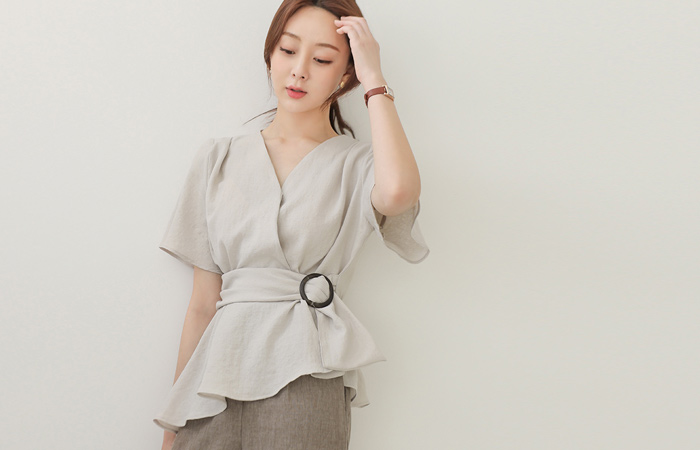 Wood Ring Buckle Unbalance Flared Wrap-Blouse