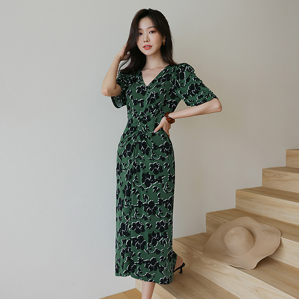 Tension Plus Shirring Flower Long Dress