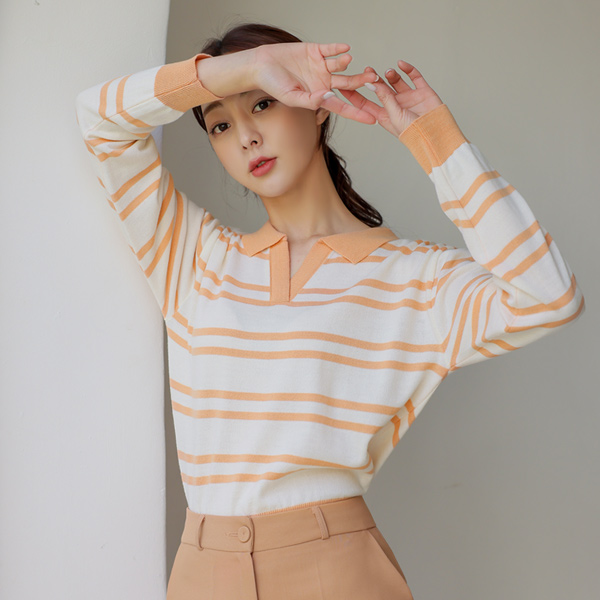 Open Collar Stripe Knit T-shirt