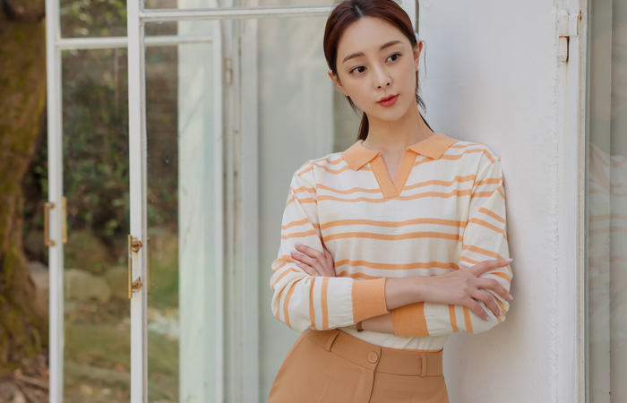 Open Collar Stripe Knit T-shirt