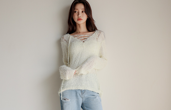 Two-way cozy Eyelet Damage Long Knit