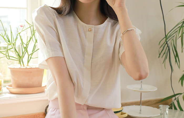 Romantic Puff Point Button Linen Blouse