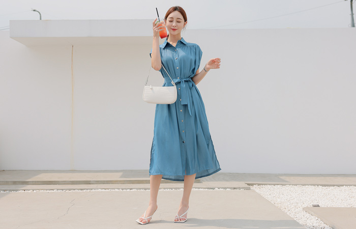 Shoulder Shrring Flared Denim Dress