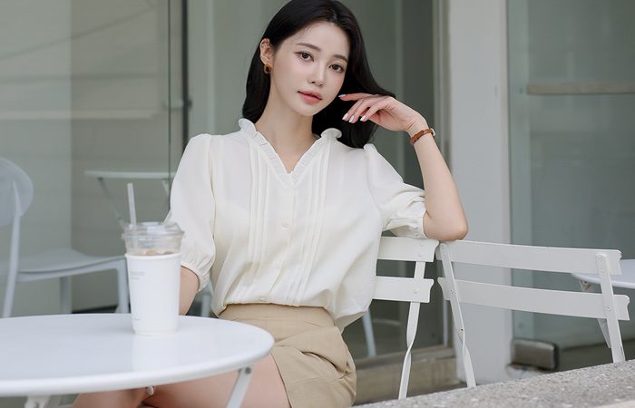 Frill VNeck Pintuck Puff Blouse