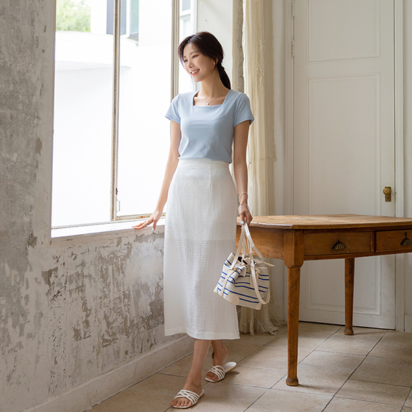 Pastel Point Color Waffle Banding Long Skirt
