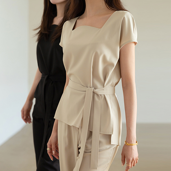 [O:neul] Chic Wave neckline Cap-Sleeves Blouse(BeltSET)