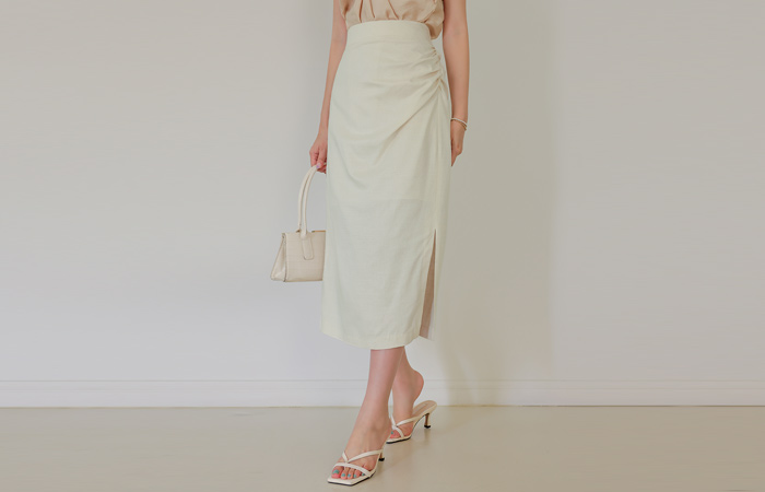 Cotton Linen Side Shirring Slit Skirt
