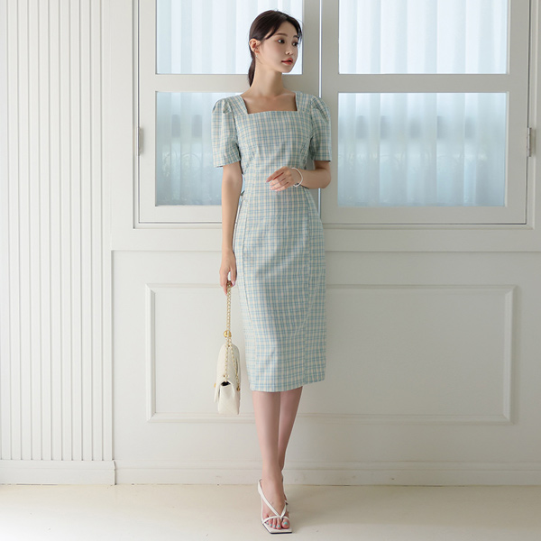 Melody grid Check Square Neck Dress