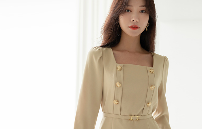 Luxury Double Gold Button Square Neck Dress(BeltSET)