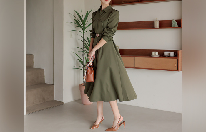 Shirt Collar Belted Cotton Flared Dress