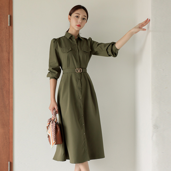 Shirt Collar Belted Cotton Flared Dress