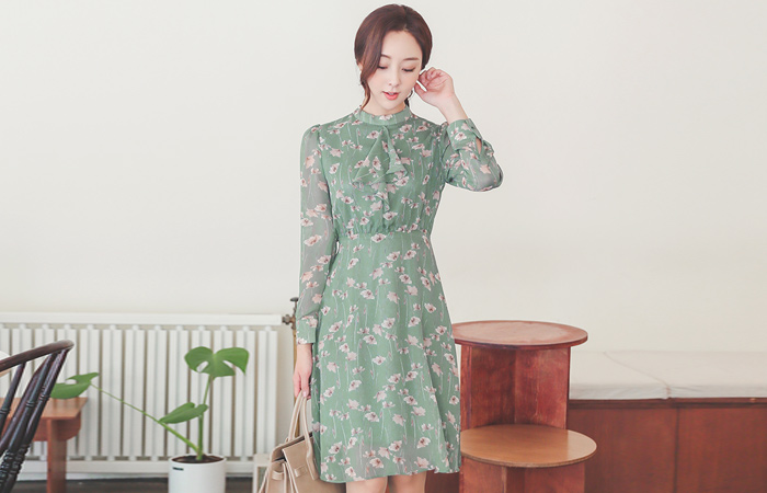 Romantic Flower Ruffle 훌 Chiffon Dress(fall)