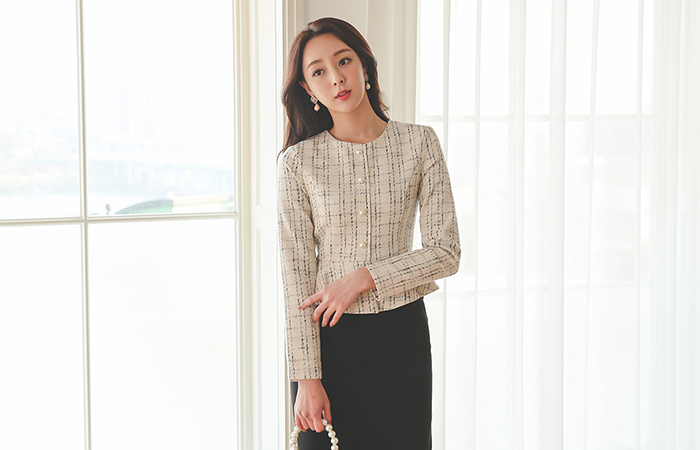 Imitation Pearl Tweed Peplum Color Combination Dress