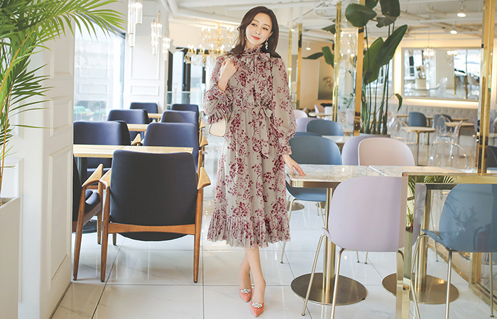 Rosy Flower Pussy Bow Pleats Long Dress