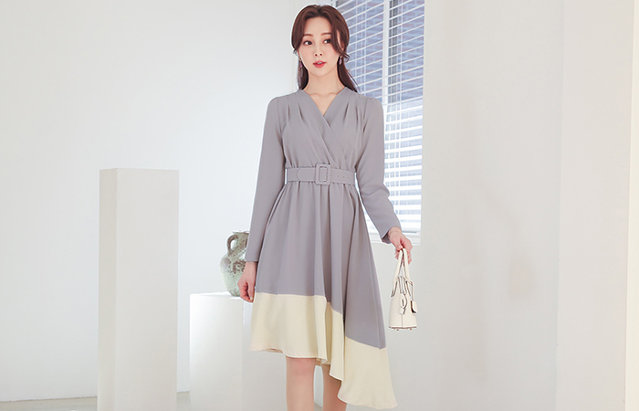 Shoulder Pintuck Diagonal Unbalance Color Combination Flared Dress