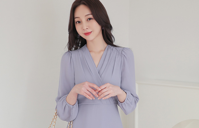 Pintuck Shirring V-Wrap Chiffon Long Dress