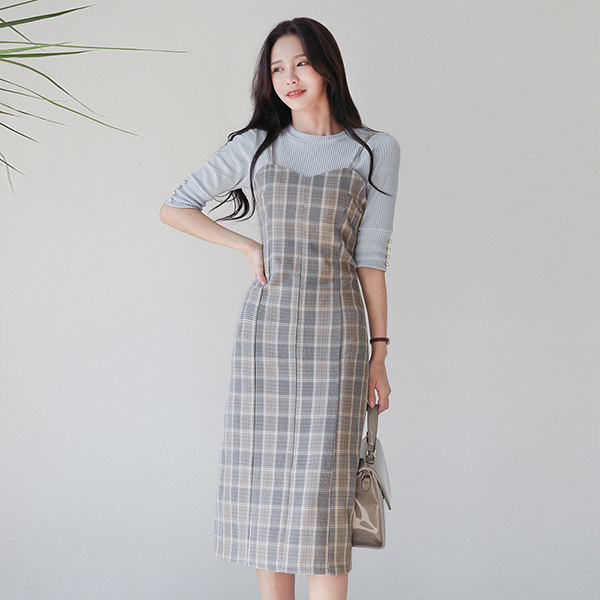 Modern Check Bustier Slit Long Dress