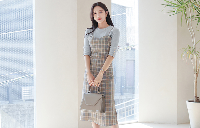 Modern Check Bustier Slit Long Dress