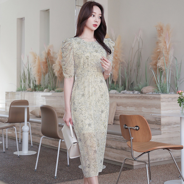 Spring Flower Shirring Sleeves Chiffon Long Dress