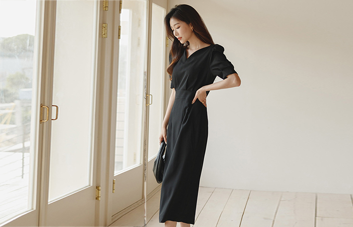 Heart Neck Puff Long Dress