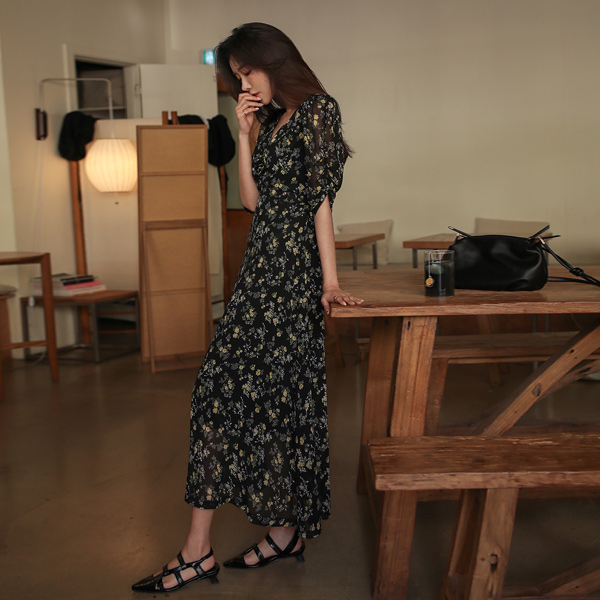 Vintage Floral Flower Shirring Flared Dress