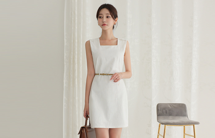 Square Neck Linen Mini Dress