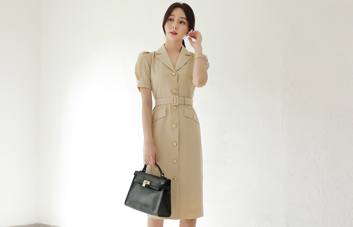 Pintuck Puff Gold Button Dress