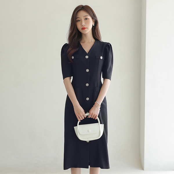 Classic Mood Silver-Button Puff Dress