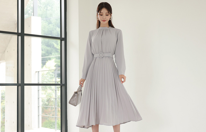 Pure Shirring Half-Neck Back Ribbon Pleats Dress