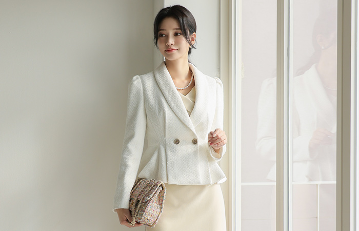 Wool Tweed Shawl Collar Puff Shoulder Peplum Jacket