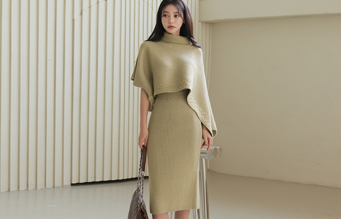 Corduroy Turtleneck Cape Knit&Skirt SET