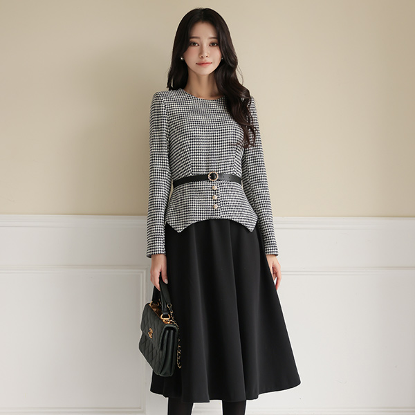 Hound's-Tooth Gold Button Two-piece Wool Dress(napping lining)