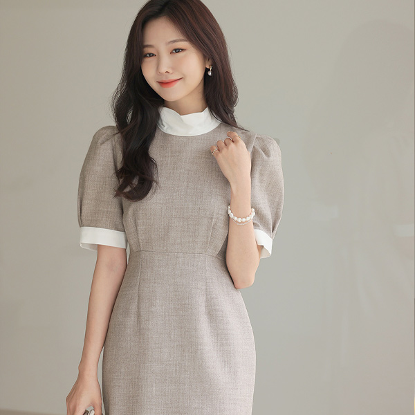 Graceful Harp Pintuck-Puff Sleeves Tie Dress