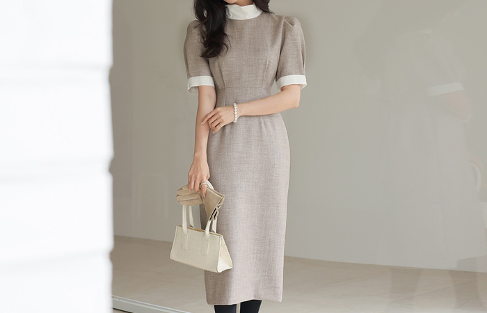 Graceful Harp Pintuck-Puff Sleeves Tie Dress