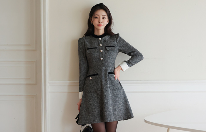 Velvet Trimming Pearl Tweed Dress