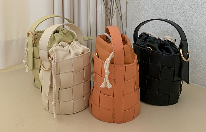 Leather Woven Cylinder Bucket Bag