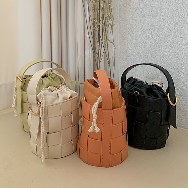 Leather Woven Cylinder Bucket Bag