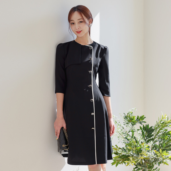 Trench Side Button Flared Color Combination Dress
