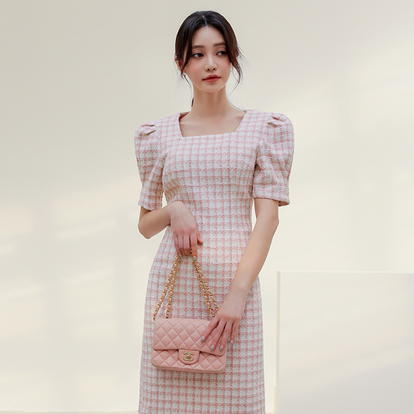 Lovely Square Neck Puff Tweed Dress
