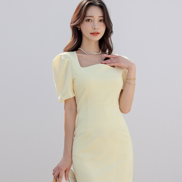 Square Neck Pintuck Puff Sleeves Span Dress