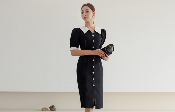White Stitch Color Scheme Collar Puff Dress