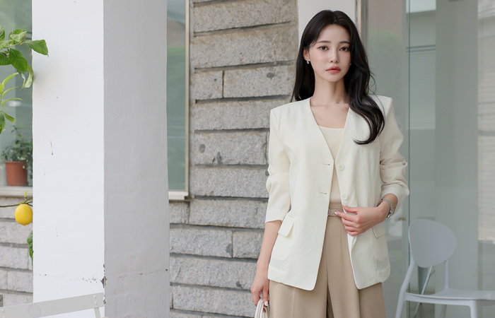 No-collar Two button Linen Jacket