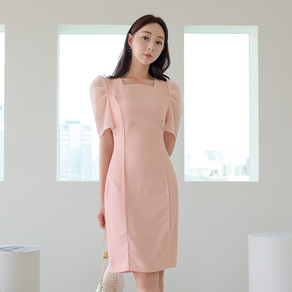 See-through Puff Square Neck Cutting-line Dress